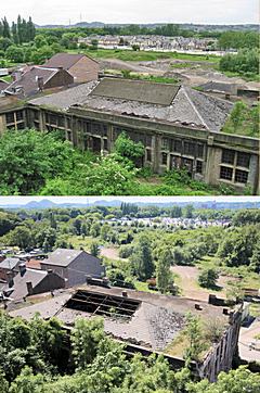 Bild: Blick über die Lohnhalle 2002 (oben) und 2017 (unten)